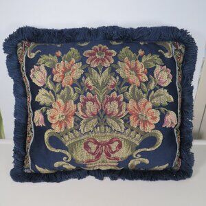 Navy Blue Tapestry Pillow w fringe Floral in Urn Vintage Victorian Style